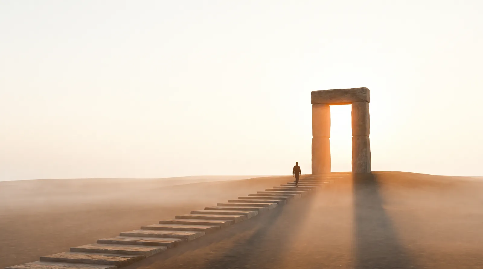 Una persona sube por una escalera de piedra hacia una puerta iluminada por el amanecer