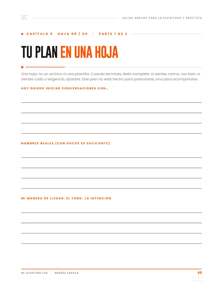 Hoja de trabajo «Tu plan en una hoja»: tres preguntas, cada una con sus renglones para escribir